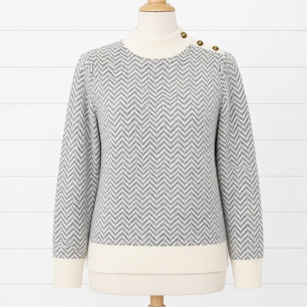J Crew Mockneck Herringbone Sweater Gray Cream Gold Crest Button Chevron Small